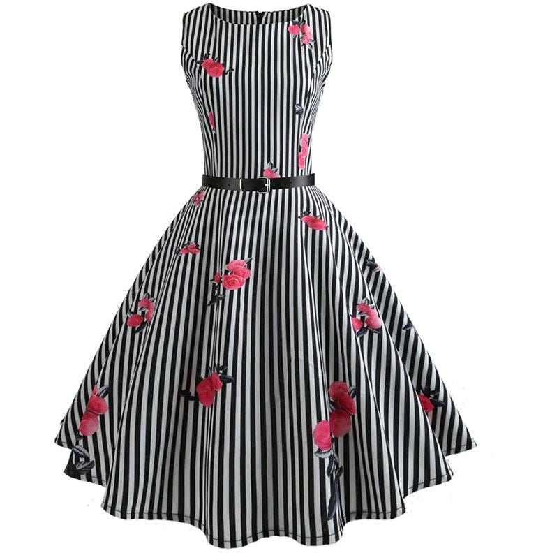 Vintage Mustavalkoinen Raidallinen Mekko